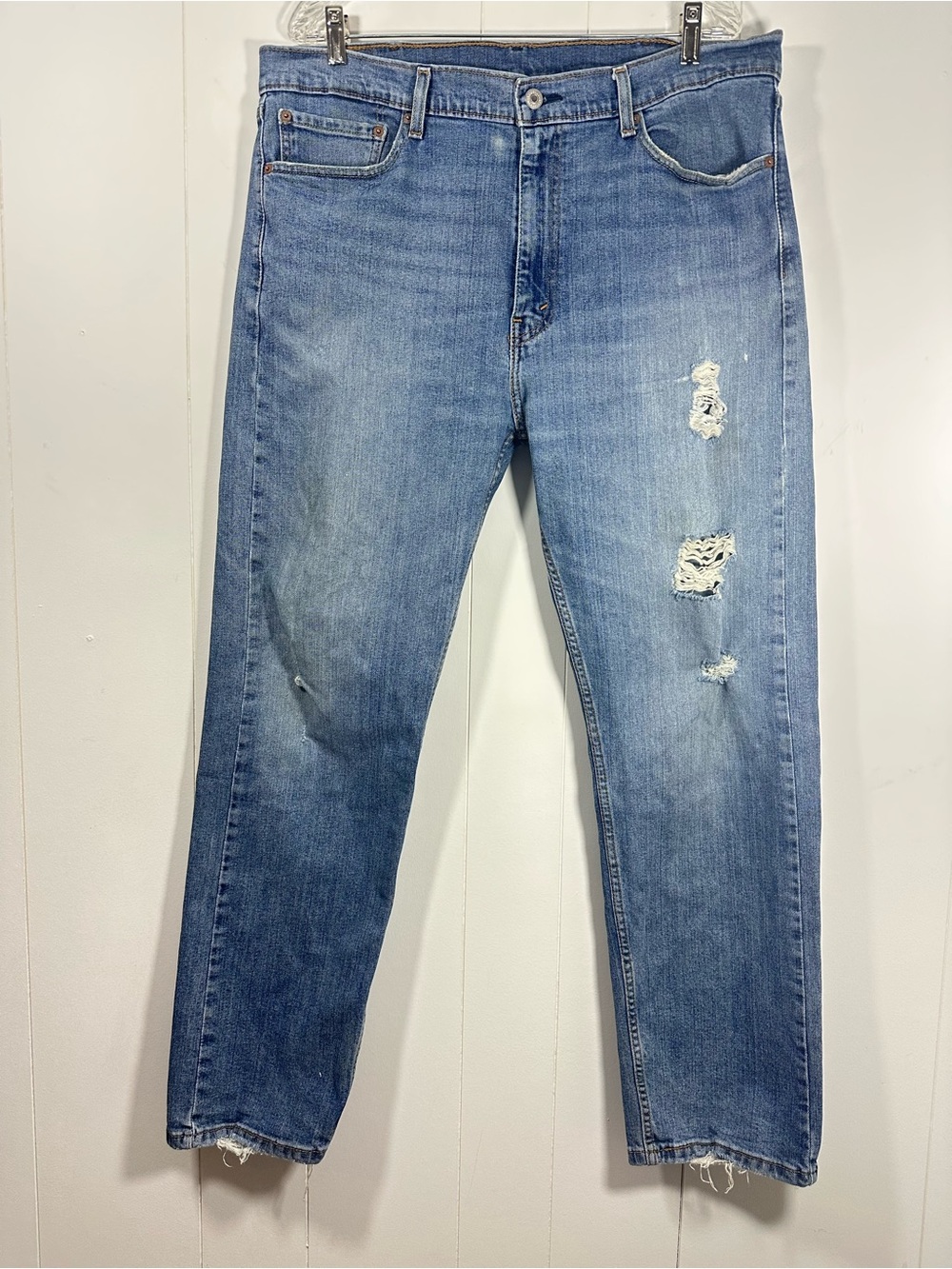 Levis 505 Mens Sz 40x32 Denim Blue Jeans Straight Leg Pants Distress Stretch
